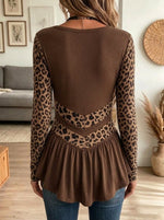 Women V Neck Leopard Patchwork Long Sleeve Peplum Tunic Top
