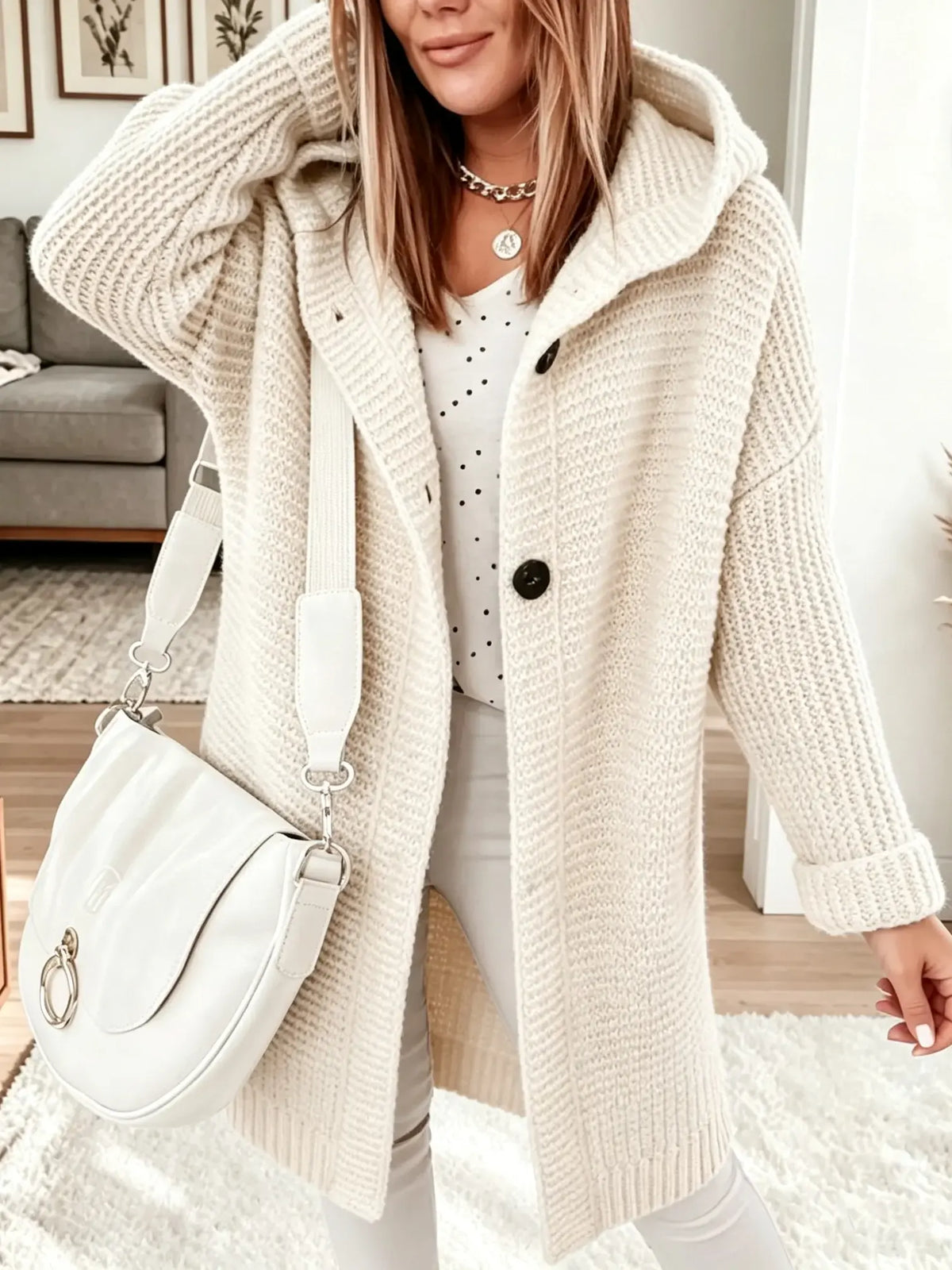 Women's Hooded Knit Button-Down Midi Cardigan