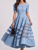 Women Off Shoulder Sheer Mesh Striped Spliced Denim Swing Midi Dress
