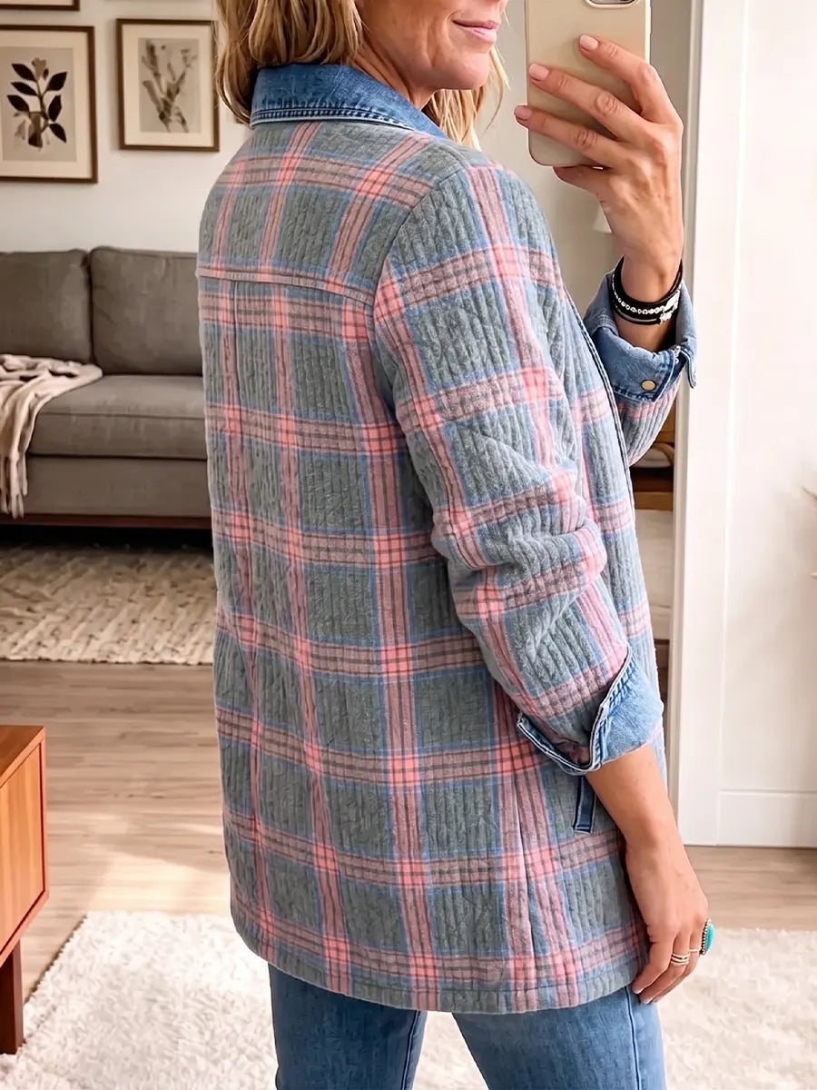Vintage Elegant Denim Patchwork Plaid Jacket