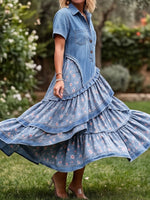 Women's Denim Leopard Patchwork Asymmetrical Tiered Maxi Dress With Pockets