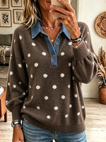 Women's Polka Dot Denim Collar Knit Sweater