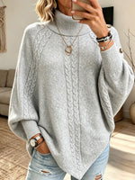 Women Raglan Sleeve Decorative Button Pullover Jumper Turtleneck Cable Knit Sweater,