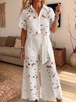 Vintage Elegant Floral Hollow-out Top And Wide-leg Pants Two-piece Set