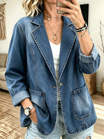 Women Notched Lapel Denim Blazer Single‑Button Long Sleeve Casual Jacket With Pockets