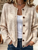 Round Neck Floral Pattern Knit Cardigan with Buttons