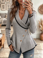 Women's Grey Shawl Collar Knit Cardigan with Contrast Trim and Asymmetric Buttons
