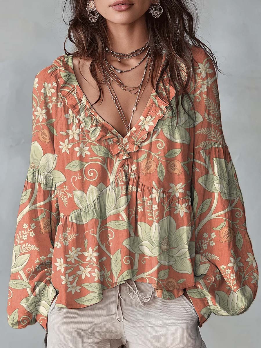 Women's Floral Pattern Art Print Ruffle Casual Long Sleeve Cotton Linen Shirt