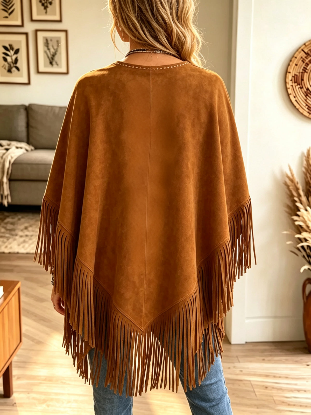 Women's Faux Suede Fringe Poncho Top
