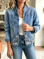 Retro Embroidery Lapel Knot Art Casual Stylish Long Sleeve Denim Coat
