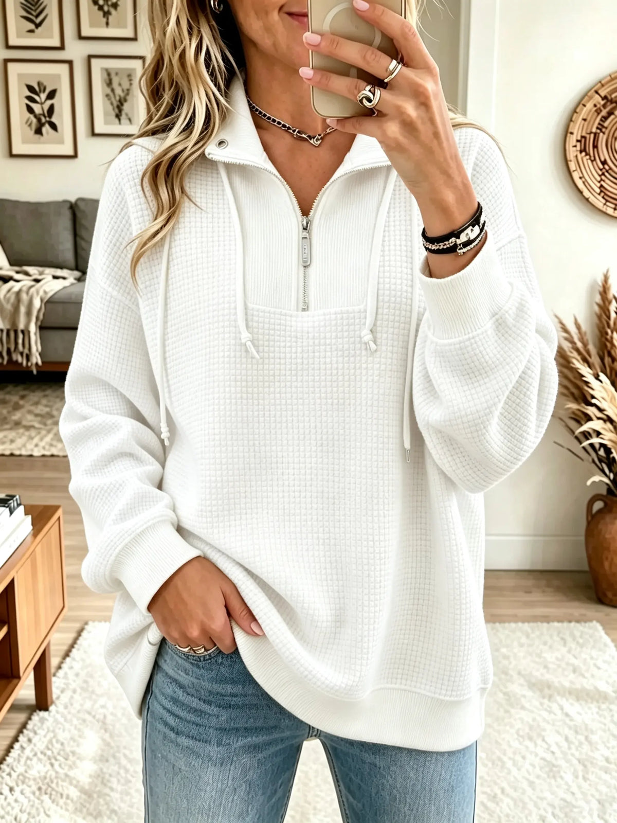 Women's Half-Zip Waffle Knit Pullover Sweatshirt