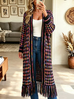 Women's Colorful Plaid Fringe Long Knit Cardigan, Open Front Boho Maxi Sweater Coat