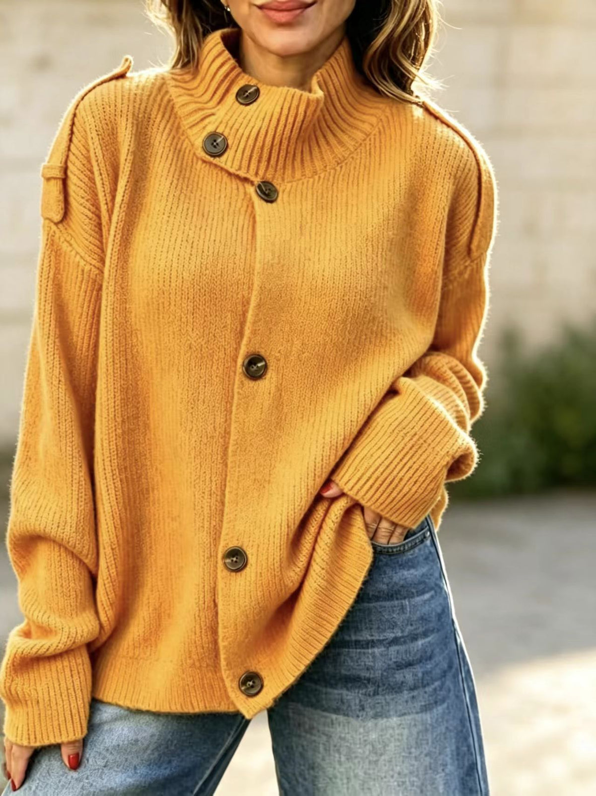 Stand Collar Button‑Down Shoulder Detail Knit Cardigan