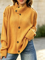 Stand Collar Button‑Down Shoulder Detail Knit Cardigan
