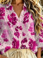Women's Pink Floral Polka Dot Art Print Casual Long Sleeve Lapel Linen Shirt