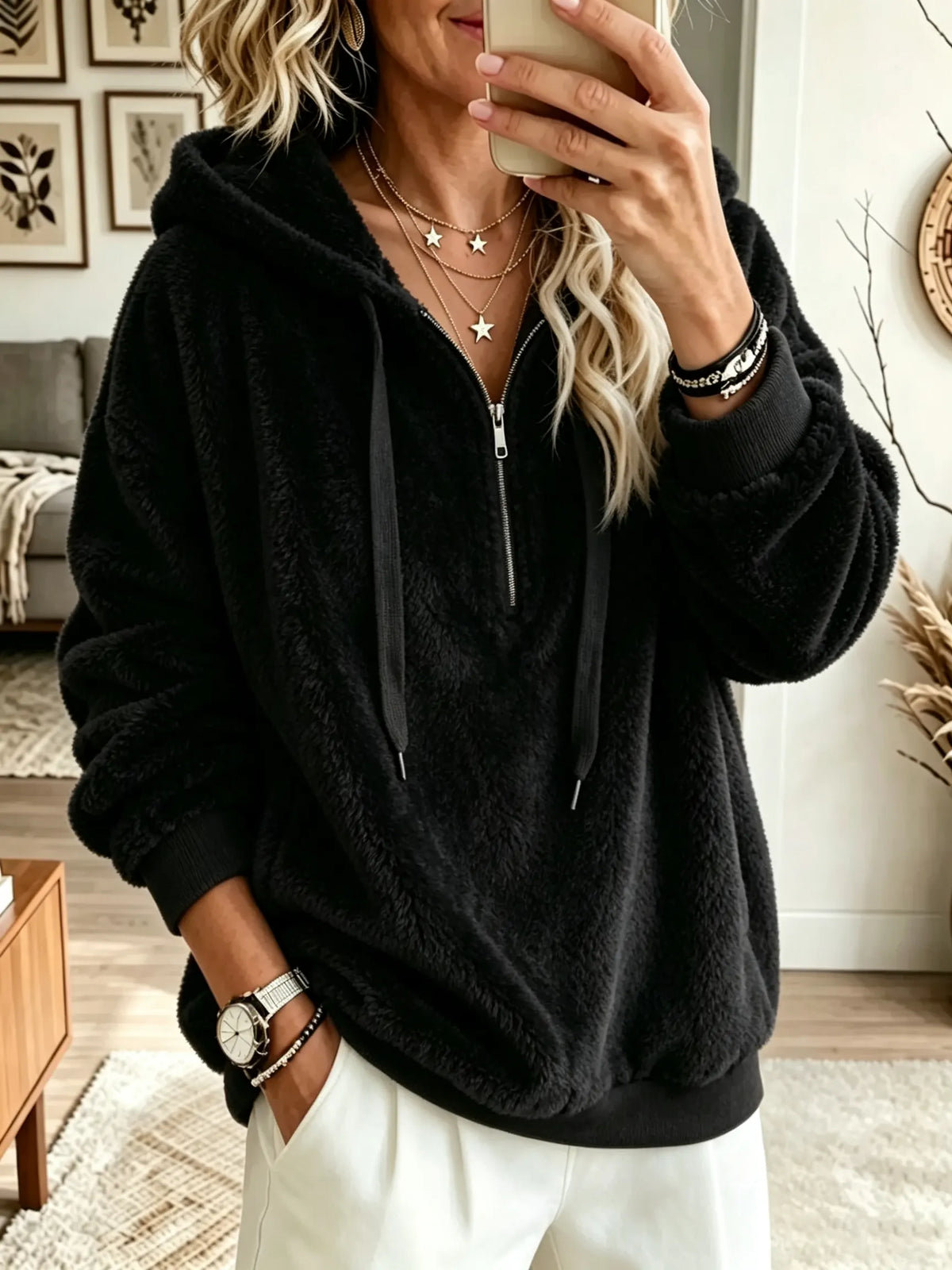 Women's Plush Fleece Half-Zip Oversized Hoodie