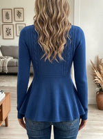Women's Royal Blue Turtleneck Cable Knit Peplum Sweater with Double-Breasted Gold Buttons