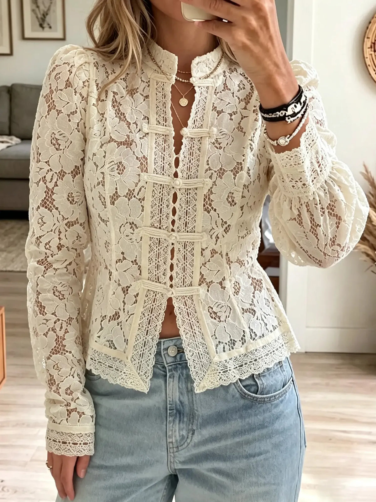 Women's Floral Lace Button Blouse