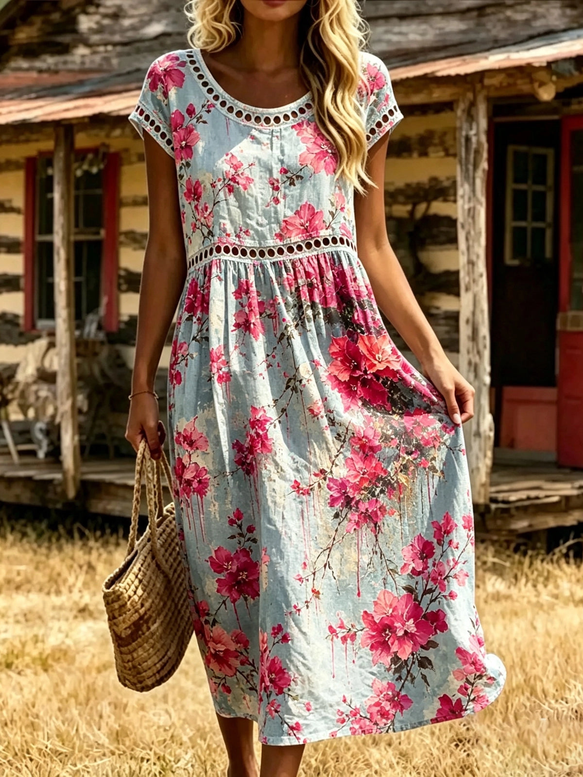 Women's Eyelet Trim Floral Midi Dress