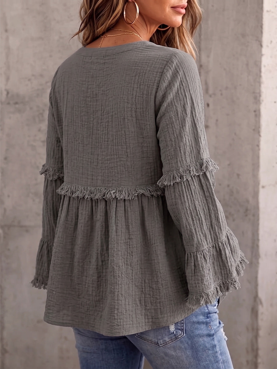 Women's Vintage Elegant Textured Crinkle Pleats Tunic Blouse