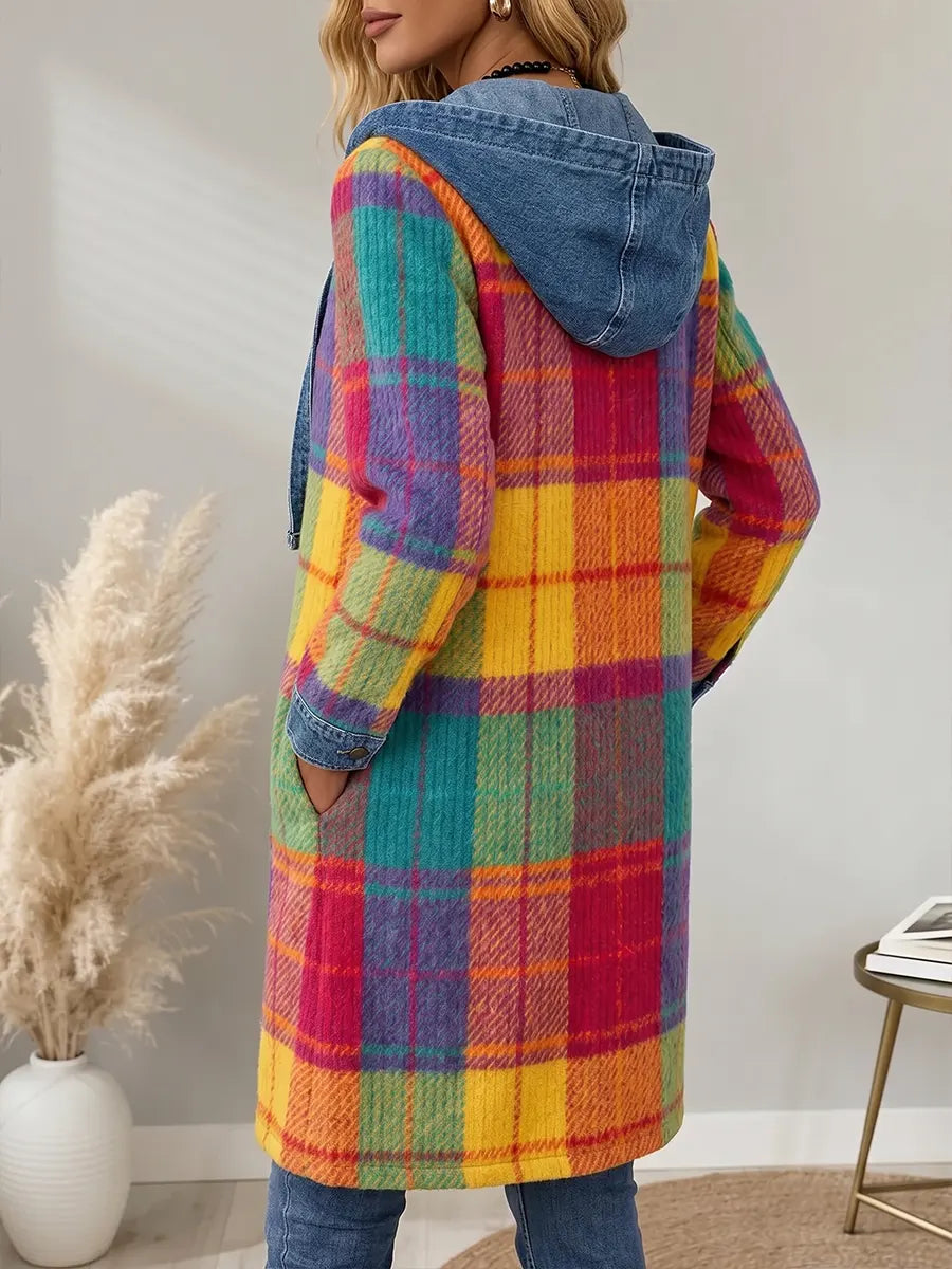 Vintage Elegant Denim Patchwork Plaid Hood Jacket