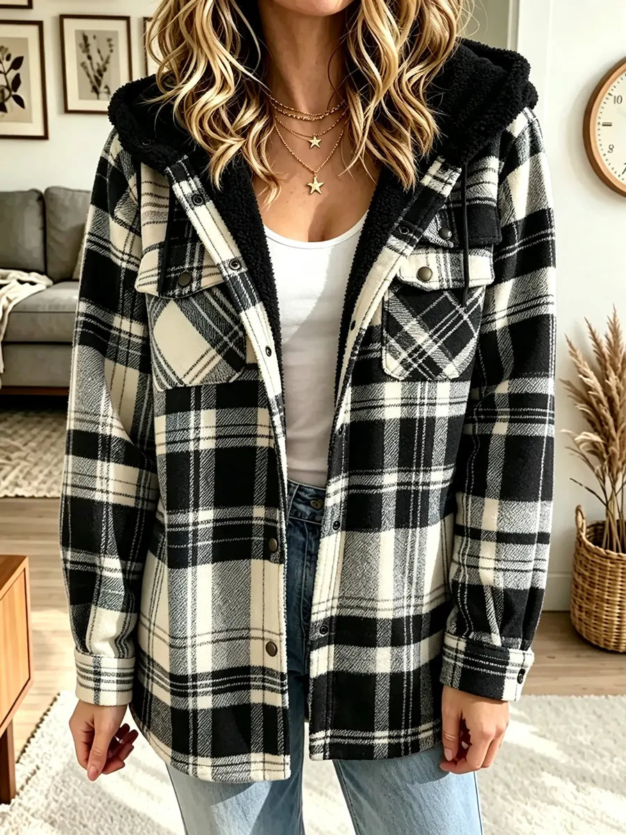 Women's Casual Loose-fit Plaid Hoodie Coat