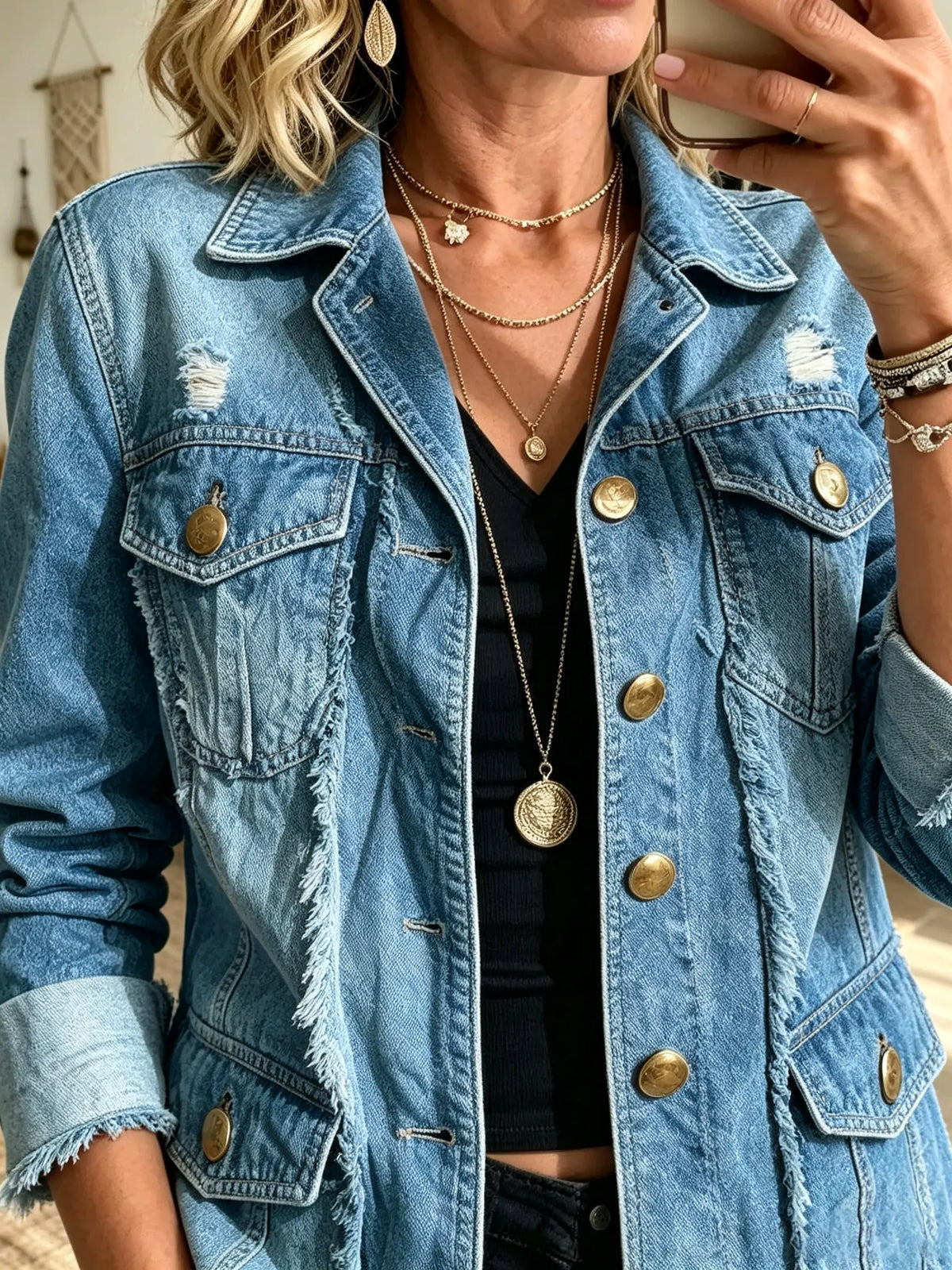Women's Frayed Raw Hem Double-Breasted Denim Blazer