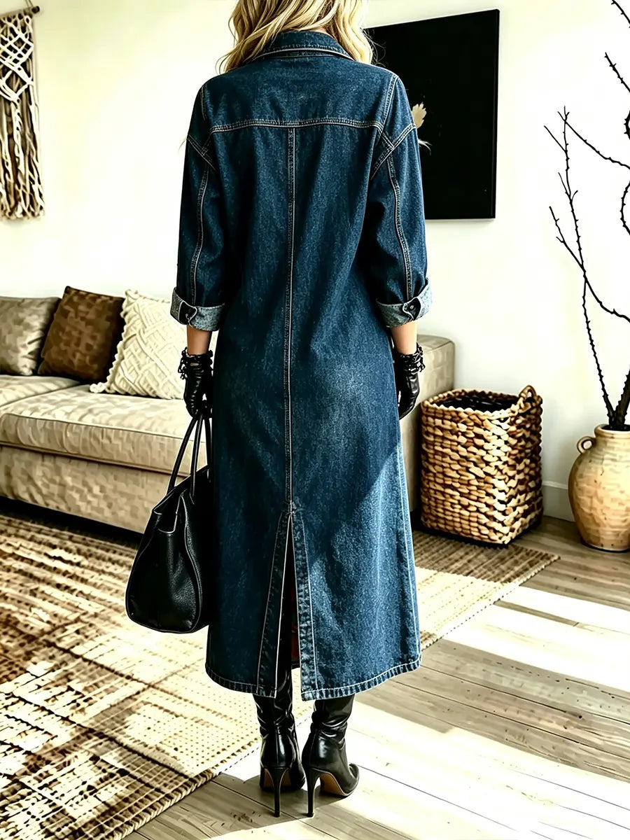 Women's Plaid Patchwork Denim Shirt Maxi Dress