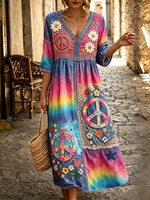 Women's Rainbow Tie-Dye Daisy Peace Sign Lace Patchwork Print V-Neck 3/4 Sleeve Denim Midi Dress
