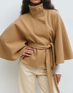 Cape Sleeve Belted Wool Blend Coat Stand Collar Button Wrap Jacket