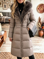 Detachable Faux Fur Hood Belted Long Puffer Coat, Women Winter Warm Quilted Outerwear
