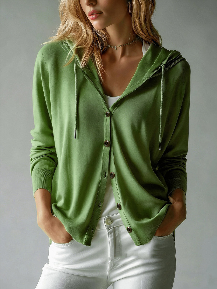 Women's Solid Color Art Casual Hooded Long Sleeve Button Knit Cardigan