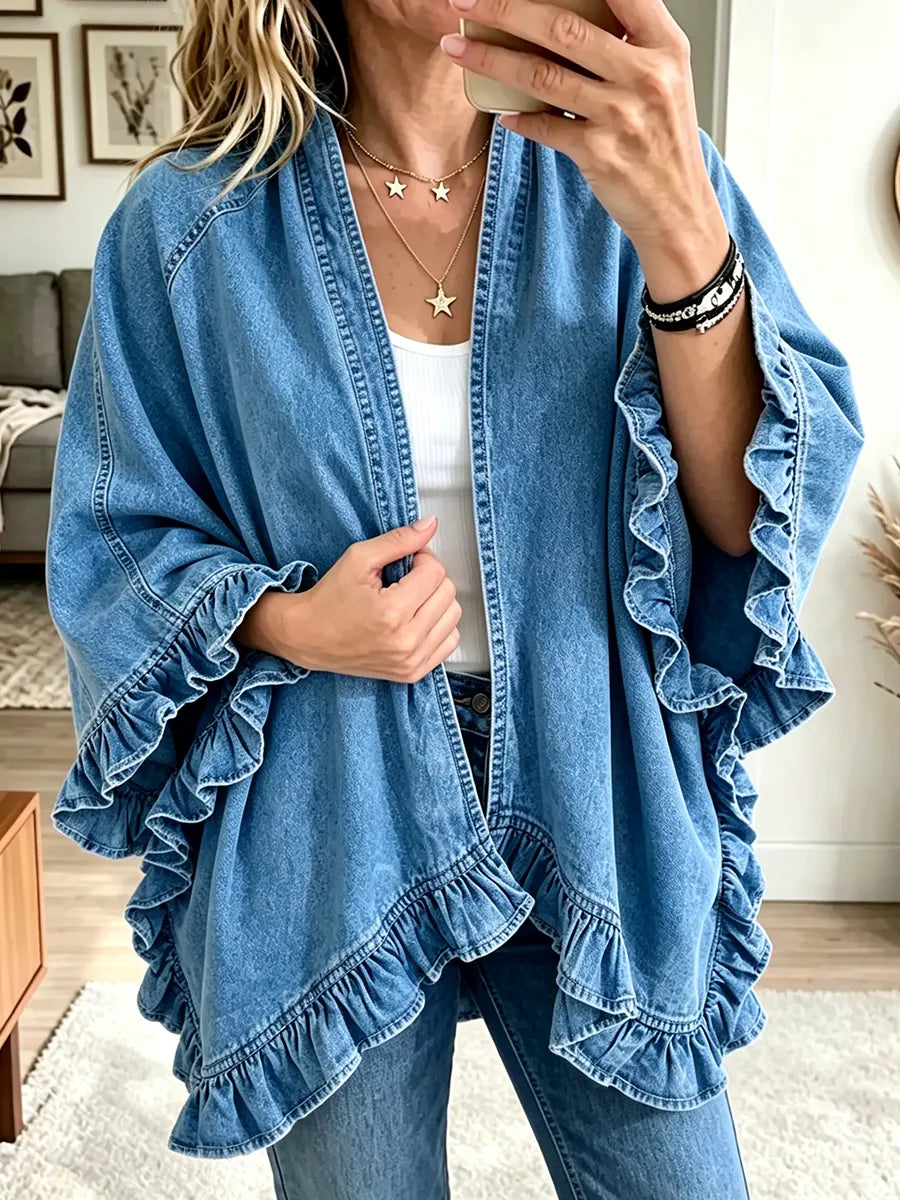 Women's Denim Ruffle Cardigan Cape