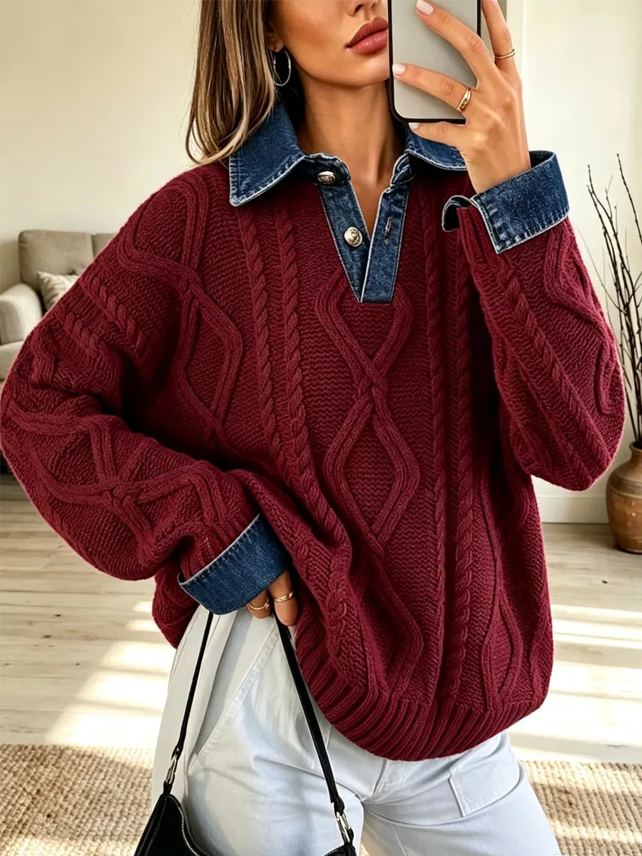 Retro Denim Patchwork Art Casual Stylish Long Sleeve Knit Sweater