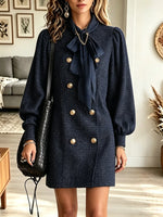 Women's Double-Breasted Bow Tie Tweed Blazer Dress
