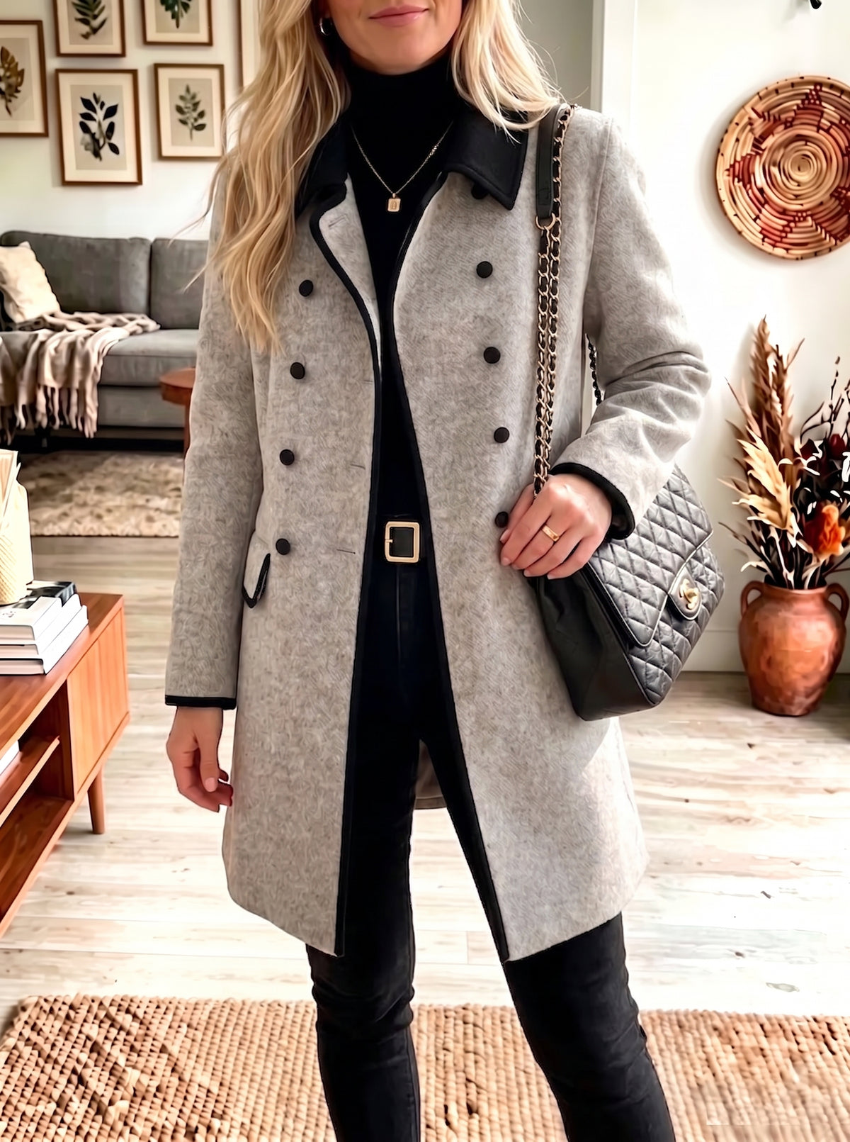 Contrast Trim Double Breasted Mid‑Length Wool Blend Coat Women