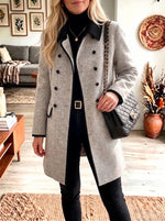 Contrast Trim Double Breasted Mid‑Length Wool Blend Coat Women