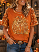Women Burnt Orange Rhinestone Pumpkin Floral Sleeve Fall Tee