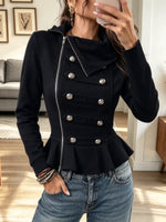 Vintage Zip Lapel Ruffle Art Button Casual Stylish Long Sleeve Coat