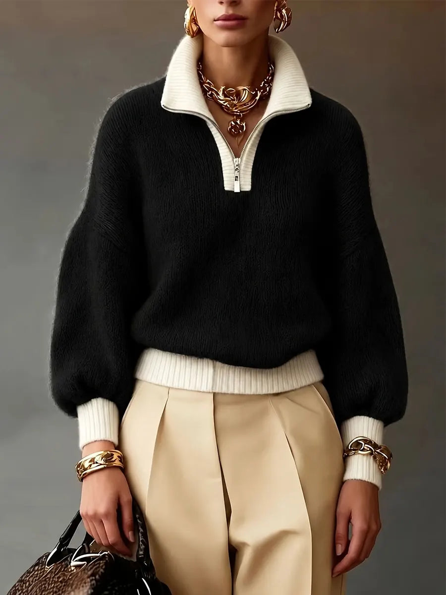 Retro Zip Color Block Art Casual Stylish Long Sleeve Knitted Sweater