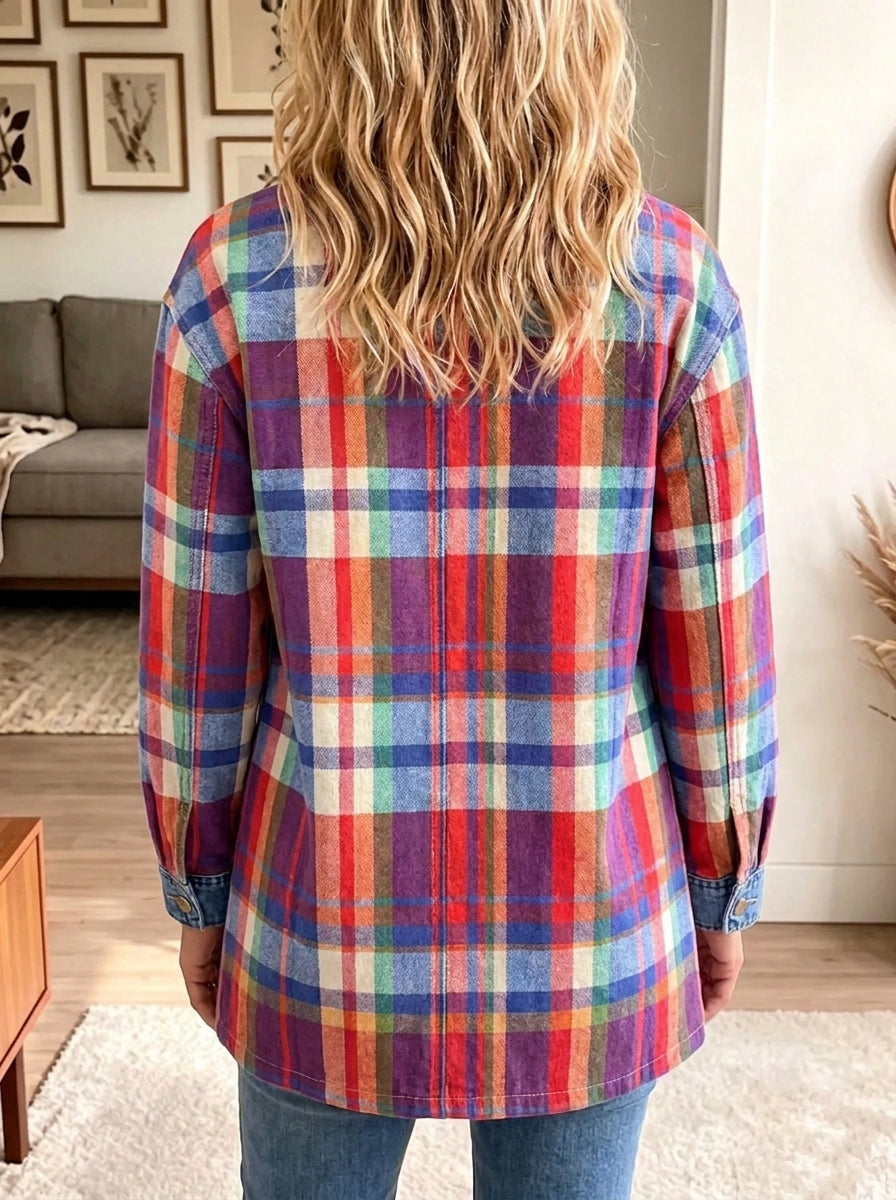 Women Lapel Button Casual Colorful Madras Plaid Denim Spliced Blazer Jacket Outerwear