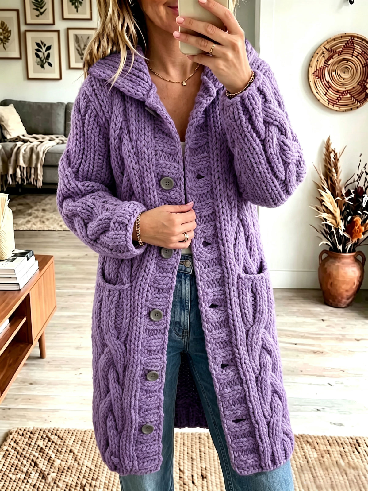 Women Lapel Chunky Cable Knit Cardigan Button‑Front Mid‑Length Sweater Coat