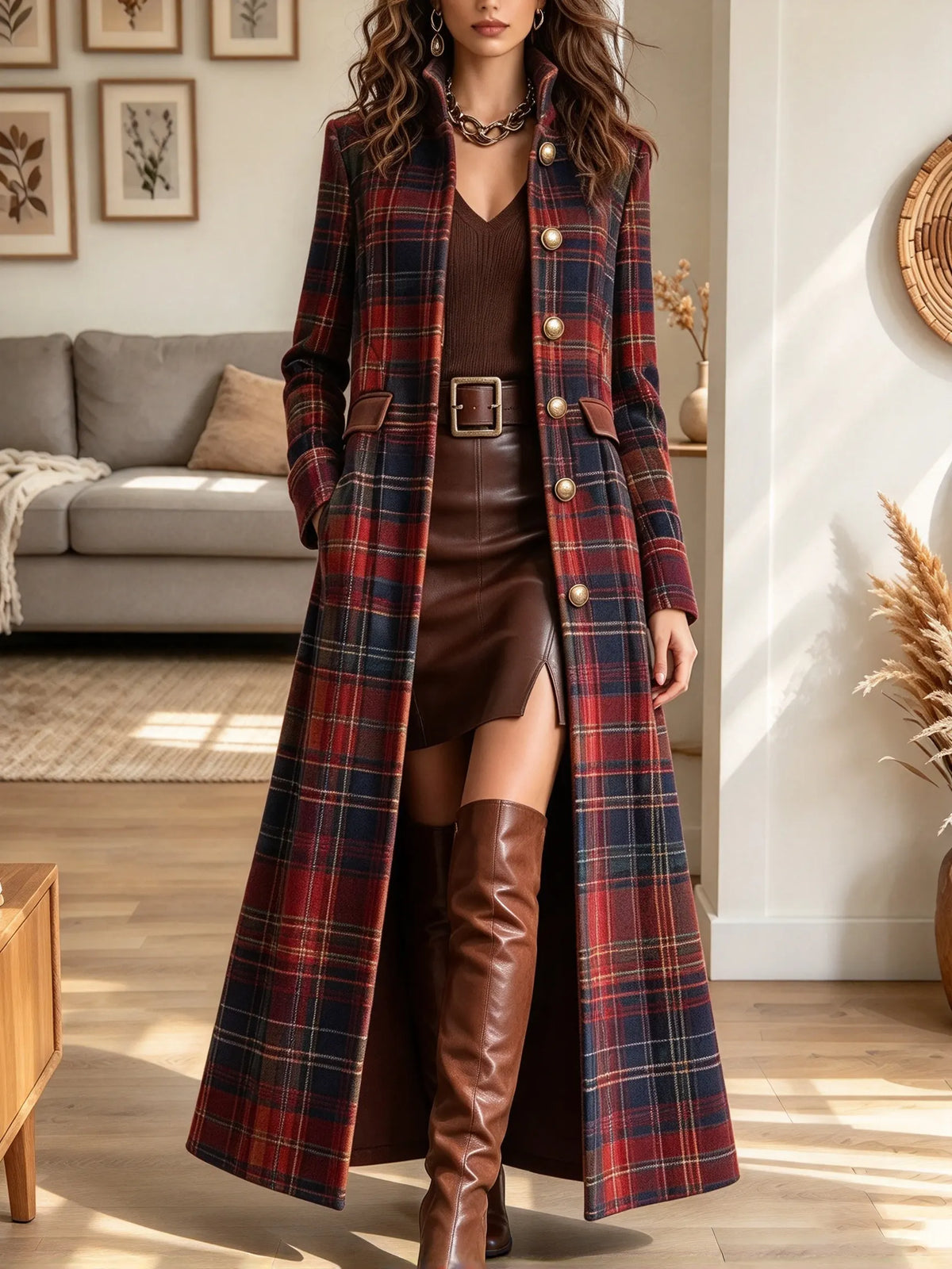 Women's Plaid Stand Collar Button Maxi Coa