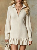 Retro Ruffle Art Casual Zip Stylish Lapel Long Sleeve Short Dress
