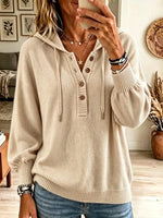 Women's Button Henley Knit Pullover Hoodie