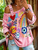 Women's Cartoon Rainbow Heart Evil Eye Smiley Print One Cold Shoulder Long Sleeve Washed Shirt