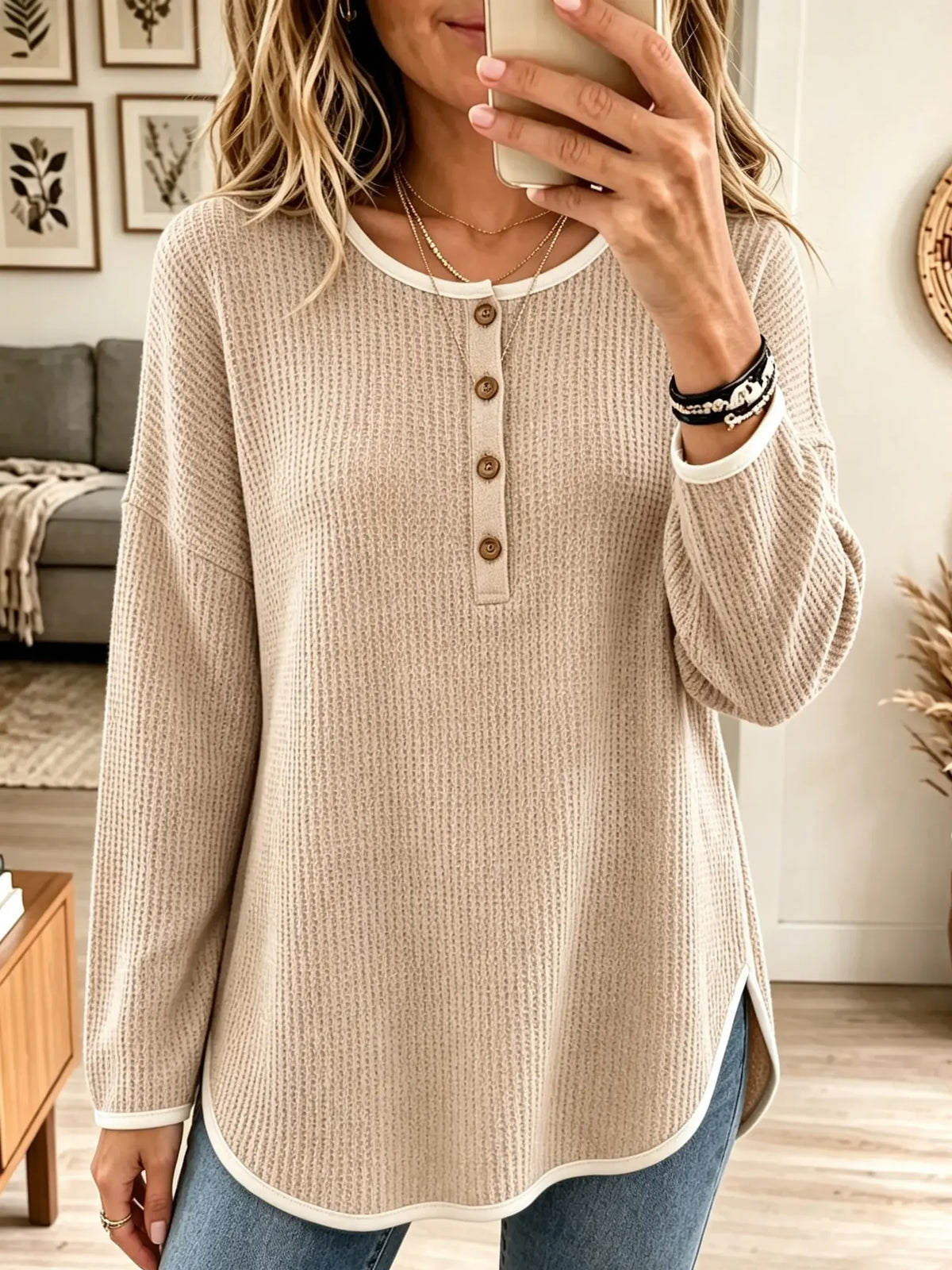 Women's Waffle Knit Button-Down Henley Tunic