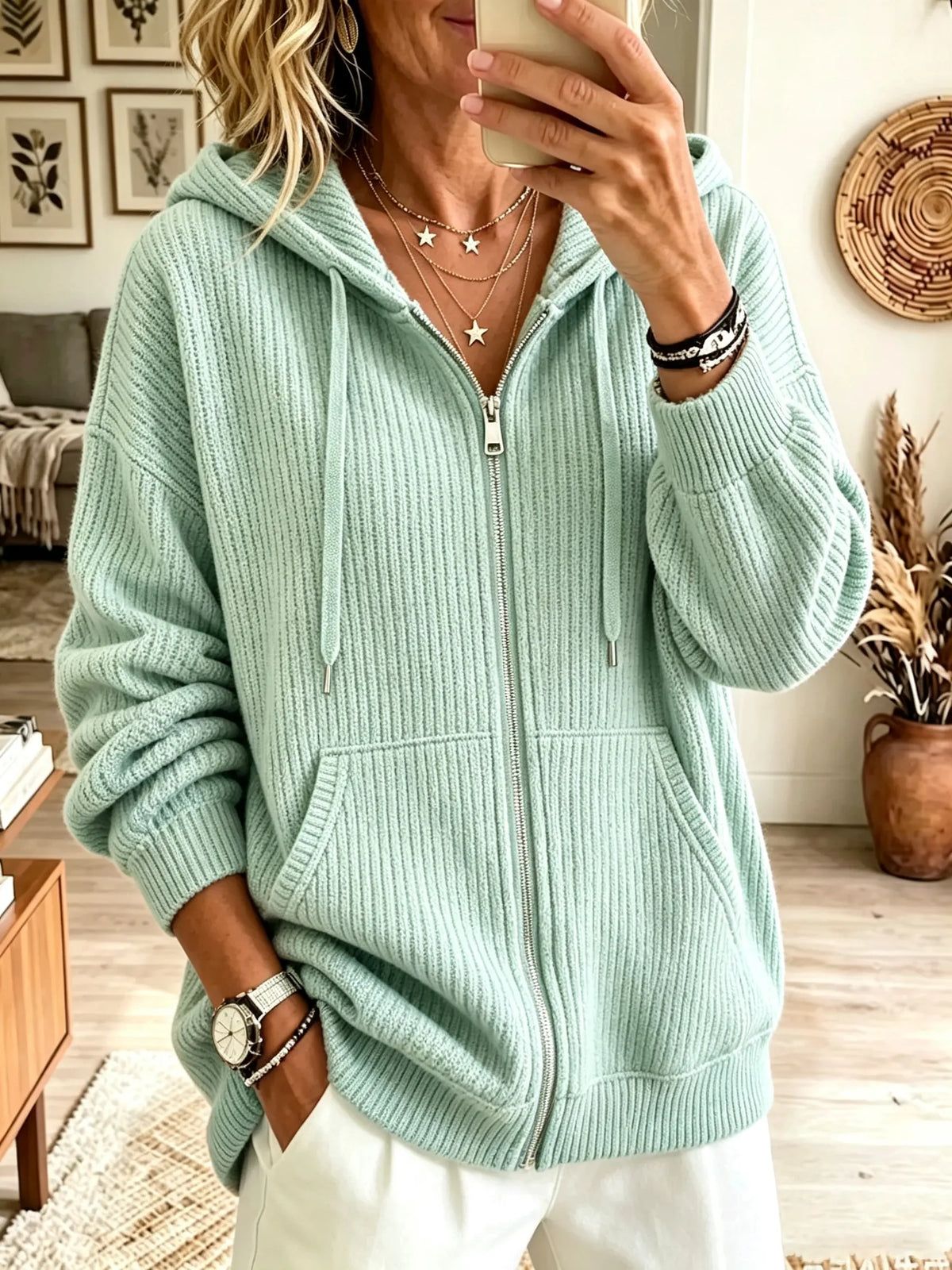 Women's Full-Zip Ribbed Knit Hooded Cardigan