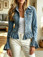 Retro Ruffle Lapel Pockets Art Casual Stylish Long Sleeve Denim Coat