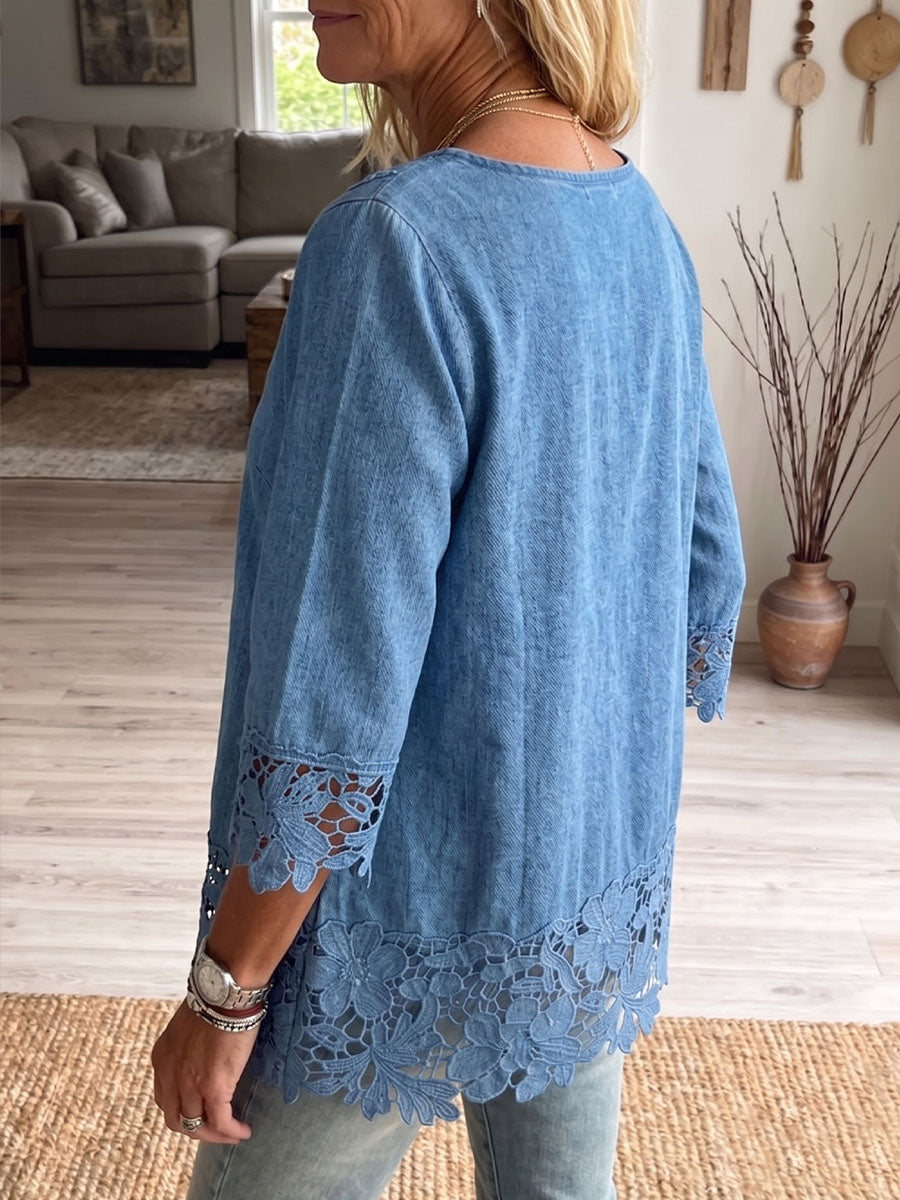 Vintage Elegant Openwork Lace Patchwork Denim Shirt